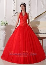 Pretty Red Quinceanera Dress Halter Tulle Beading Ball Gown