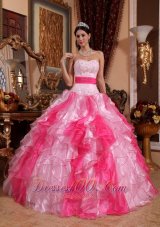 Cheap Pink Quinceanera Dress Sweetheart Organza Beading and Ruch Ball Gown