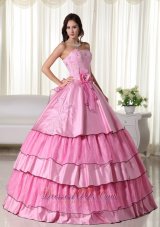 Rose Pink Ball Gown Strapless Floor-length Taffeta Beading Quinceanera Dress