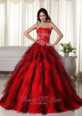 Red Ball Gown Strapless Floor-length Taffeta Appliques Quinceanera Dress