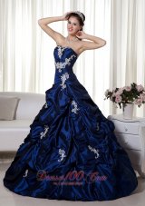 Navy Blue Ball Gown Strapless Taffeta Appliques Quinceanera Dress Fashion