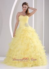 Light Yellow Ruffles Sweetheart Appliques and Ruch Quinceaners Gowns For Military Ball Fashion