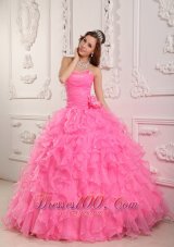 Romantic Rose Pink Quinceanera Dress Sweetheart Organza Beading Ball Gown Fashion