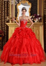 Cheap Red Quinceanera Dress Sweetheart Organza Appliques with Beading Ball Gown Fashion
