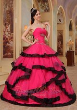 Gorgeous Coral Red and Black Quinceanera Dress Strapless Organza Appliques Ball Gown Fashion