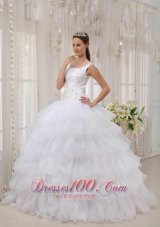 Brand New White Quinceanera Dress Scoop Satin and Organza Appliques Ball Gown Fashion