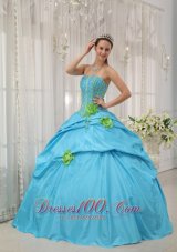 Romantic Baby Blue Quinceanera Dress Strapless Taffeta Beading and Hand Flowers Ball Gown Fashion