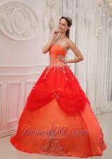 Affordable Orange Red Quinceanera Dress Strapless Taffeta and Tulle Appliques Ball Gown Fashion