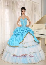 Sweetheart Beaded and Pick-ups For Aqua Blue and White Quinceanera Dress Ruffled Layers In Kailua-Kona City Hawaii Fashion