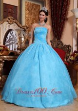 Beat Aqua Blue Quinceanera Dress Strapless Organza Appliques Ball Gown Plus Size