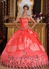 Watermelon Red Ball Gown Sweetheart Floor-length Taffeta Appliques Quinceanera Dress Plus Size