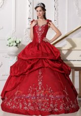Modest Wine Red Quinceanera Dress Straps Floor-length Taffeta Embroidery Ball Gown Plus Size
