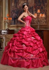Affordable Coral Red Quinceanera Dress Strapless Appliques Taffeta Ball Gown Plus Size