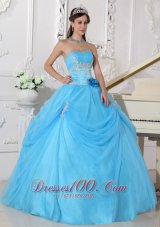 Fashionable Aqua Blue Quinceanera Dress Strapless Taffeta and Organza Appliques and Hand Made Flower Ball Gown Plus Size