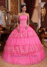 Lovely Rose Pink Quinceanera Dress Strapless Organza Lace Appliques Ball Gown Plus Size