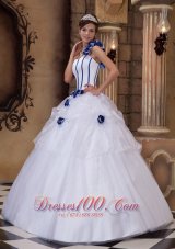 White Ball Gown One Shoulder Floor-length Satin and Tulle Hand Made Flowers Quinceanera Dress Pretty