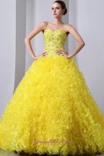 Yellow A-Line / Princess Sweetheart Beading and Ruffles Quinceanea Dress Brush Train Organza Pretty