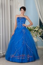 Customize Royal Blue 15 Quinceanera Dress A-line / Princess Strapsless Tulle Floor-length Pretty