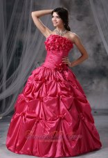Panora Iowa Hand Made Flowers and Pick-ups Decorate Bodice Ruch Ball Gown Floor-length Coral Red Strapless Military Ball Gowns For 2013 Pretty