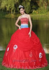 Tulle Strapless Red Quinceanera Dress For Girl With Flower Beaded Decorate Pretty