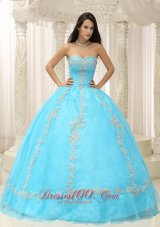 Aqua Blue Sweetheart Appliques and Beaded Decorate For 2013 Quinceanera Dress Pretty