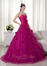 Cheap Fuchsia A-line Sweetheart Brush Train Tulle and Taffeta Hand Made Flowers Prom Dress