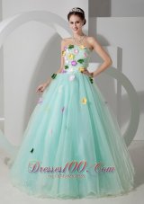 Cheap Sweet Apple Green A-line Strapless Quinceanera Dress Organza Hand Made Flowers Floor-length