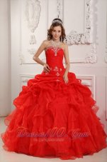 Cheap Elegant Red Sweet 16 Dress Strapless Organza Beading And Ruffles Ball Gown