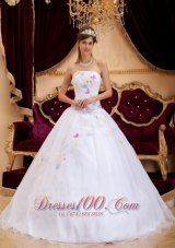 Cheap Exquisite White Sweet 16 Dress Strapless Organza Appliques A-line / Princess