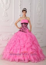 Cheap Sweet Ball Gown Strapless Floor-length Appliques and Ruffles Hot Pink Quinceanera Dress