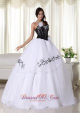 Cheap White Ball Gown Strapless Floor-length Organza Embroidery Quinceanera Dress