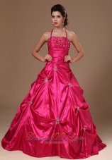 Cheap Pick-ups Halter A-line Hot Pink Taffeta Military Ball Gowns For Custom Made In Demopolis Alabama