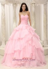 Baby Pink Ruched Bodice Hand Made Flowers Decorate Waist For Quinceanera Dress  for Sweet 16