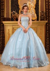 Romantic Baby Blue Quinceanera Dress Strapless Organza Beading Ball Gown  for Sweet 16