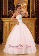 White Ball Gown Strapless Floor-length Satin and Organza BeadingQuinceanera Dress  for Sweet 16