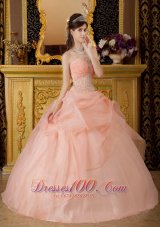 Romantic Baby Pink Quinceanera Dress Strapless Organza Beading Ball Gown  for Sweet 16