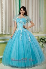 Cheap Aqua Ball Gown 15 Quinceanera Dress Sweetheart Tulle Appliques Floor-length  for Sweet 16