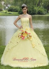 Appliques Embroidery and Hand Made Flowers Light Yellow Quinceanera Dress For 2013 Strapless Floor-length  for Sweet 16