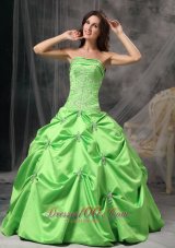Spring Green Ball Gown Strapless Floor-length Taffeta Beading Quinceanera Dress