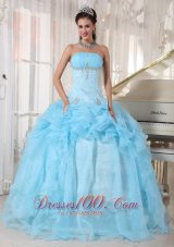 Wonderful Baby Blue Quinceanera Dress Strapless Organza Beading Ball Gown