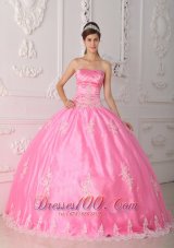 Pretty Pink Quinceanera Dress Strapless Lace Appliques Ball Gown