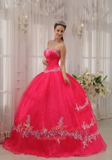 Inexpensive Coral Red Quinceanera Dress Sweetheart Taffeta and Organza Appliques Ball Gown