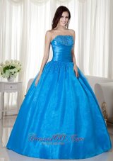 Puffy Sky Blue Ball Gown Strapless Floor-length Taffeta Beading Quinceanera Dress