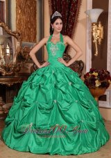 Puffy Exclusive Apple Green Quinceanera Dress Halter Top Taffeta Appliques Ball Gown