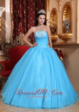 Puffy Romantic Baby Blue Quinceanera Dress Strapless Organza Appliques Ball Gown