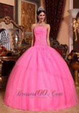 Puffy Discount Rose Pink Quinceanera Dress Strapless Tulle Appliques with Beading Ball Gown