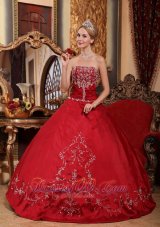 Puffy Pretty Wine Red Quinceanera Dress Strapless Satin Embroidery Ball Gown