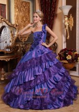 Puffy Remarkable Purple Quinceanera Dress One Shoulder Taffeta and Organza Hand Made Flowers Ball Gown