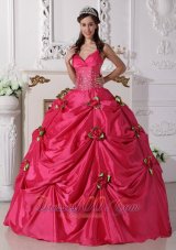 Puffy Luxurious Hot Pink Quinceanera Dress Spaghetti Straps Taffeta Beading Ball Gown