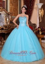 Puffy Pretty Baby Blue Quinceanera Dress Sweetheart Tulle and Taffeta Beading and Ruch Ball Gown